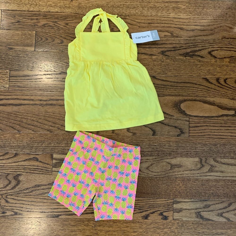 New CARTERS Pink Yellow Pineapple Shorts Ruffle Tank Top Outfit Set 12m 12 month